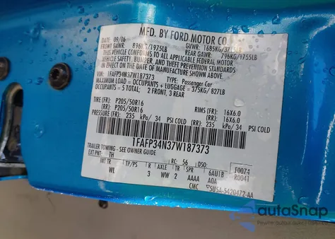 2007 Ford Focus S/Se/Ses из США, поврежденный, VIN 1FAFP34N37W187373